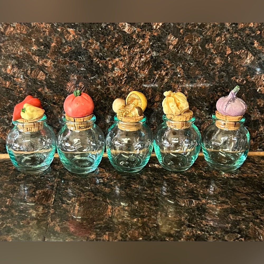 Lot of 5 Vintage Italian Teal Aqua Glass Spice Bottles Cork Stoppers